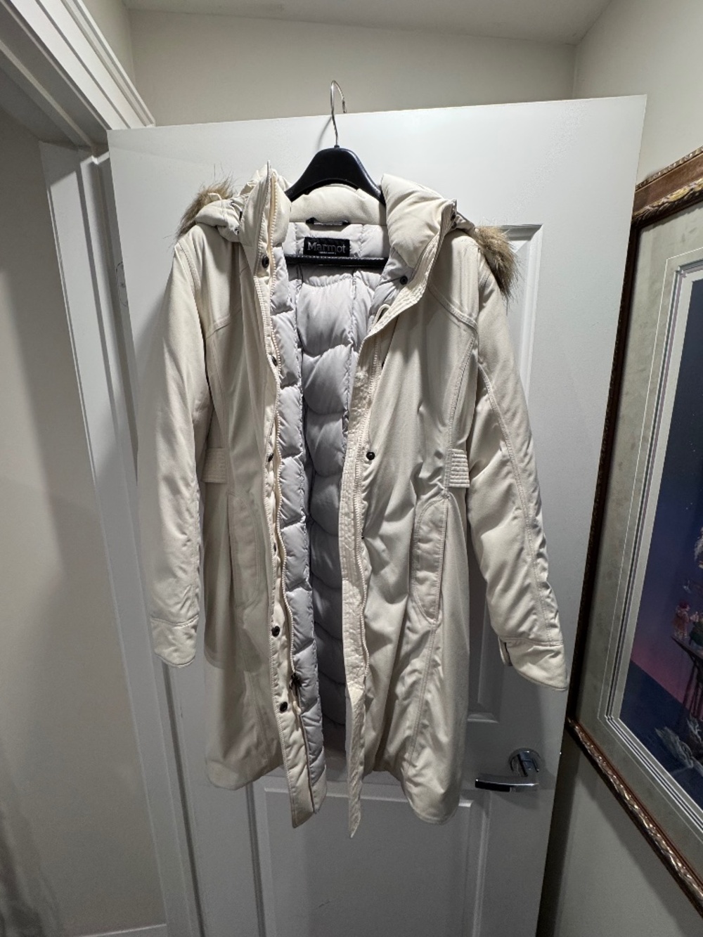 Marmot long puffer coat with faux fur hood